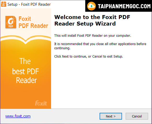 Bước 1: Tải Foxit Reader theo link được cung cấp ở phía trên. Sau đó bạn click đúp chuột vào file cài đặt để mở cửa sổ Setup – Foxit Reader.