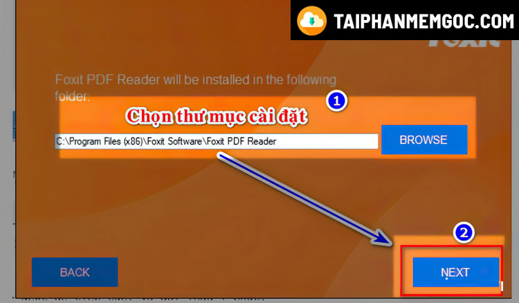 Lựa chọn thư mục cài Foxit Reader và nhấn Next