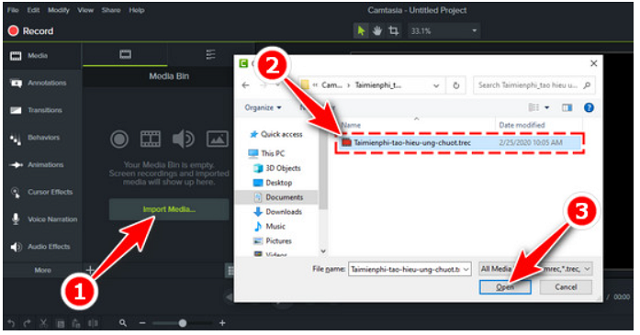 Mở tệp tin muốn chỉnh sửa trên Camtasia 9